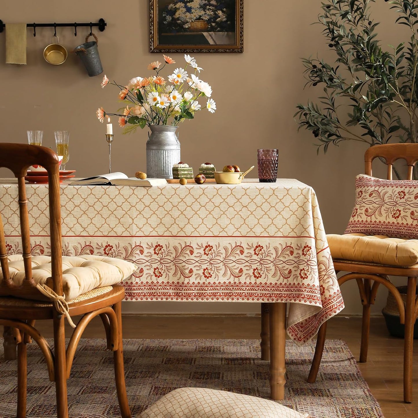 ISAENNE Designer Linen Floral Extra Long Rectangle Tablecloth,Pale Yellow Farmhouse Indoor Table Cloth,Durable Decor Tablecloths for Dining Kitchen Thanksgiving,63"*110"-Chamonix A