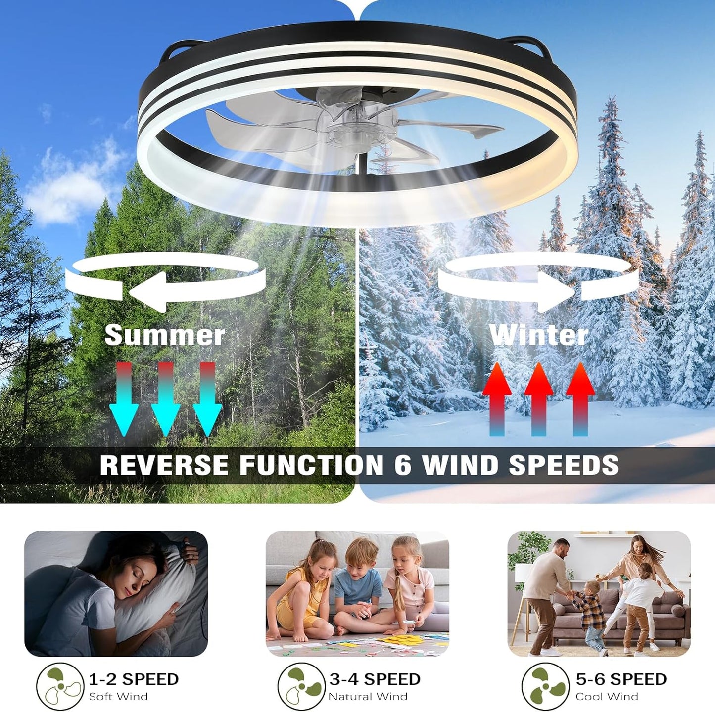 Ceiling Fans with Lights and Remote 20'' Flush Mount Ceiling Fan Dimmable Fandelier LED Fan Light Low Profile Ceiling Fan with 6 Speeds for Bedroom Kitchen and Living Room(Black)