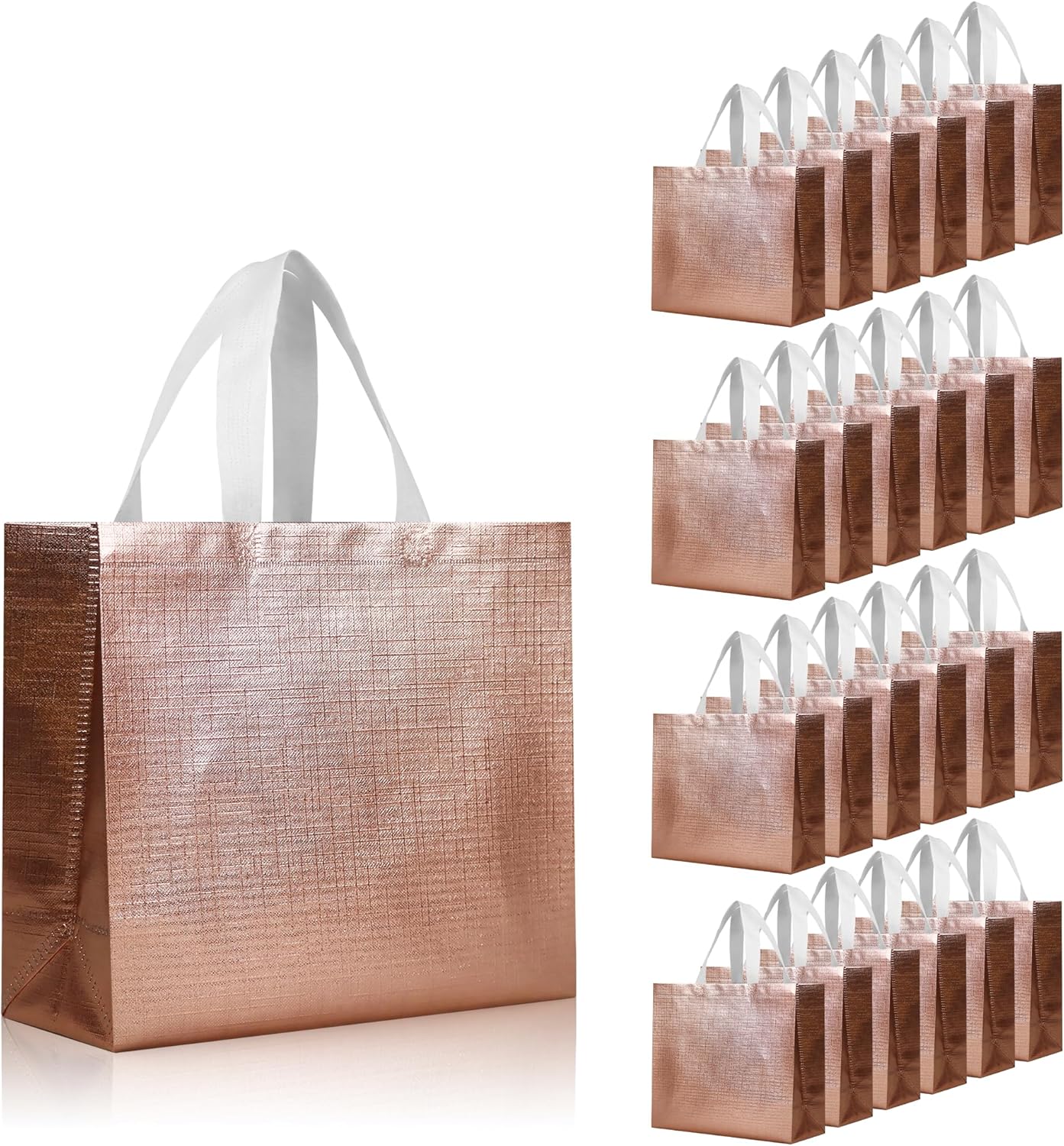 cabzymx Rose Gold Reusable Gift Bags with Metallic Design, 25 Pcs Non-woven Gift Bag Bulk with Handles, 12.6x4.7x11 In Party Bags for Wrapping Gifts, Birthday, Wedding, Parties, Graduation