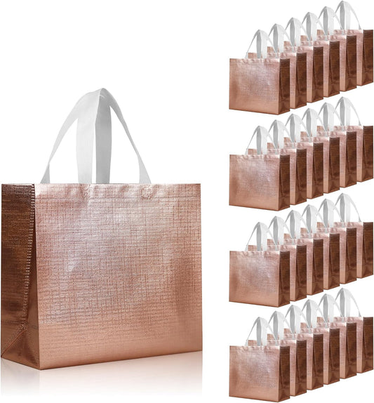 cabzymx Rose Gold Reusable Gift Bags with Metallic Design, 25 Pcs Non-woven Gift Bag Bulk with Handles, 12.6x4.7x11 In Party Bags for Wrapping Gifts, Birthday, Wedding, Parties, Graduation