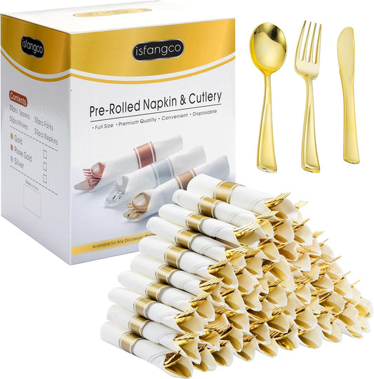 50 Pack Pre Rolled Gold Plastic Silverware Set with Napkins,Disposable Wrapped Heavy Duty Cutlery Set for Wedding Birthday Party-50 Forks,Knives,Spoons,Napkins,Utensils Set,Plasticware Bulk