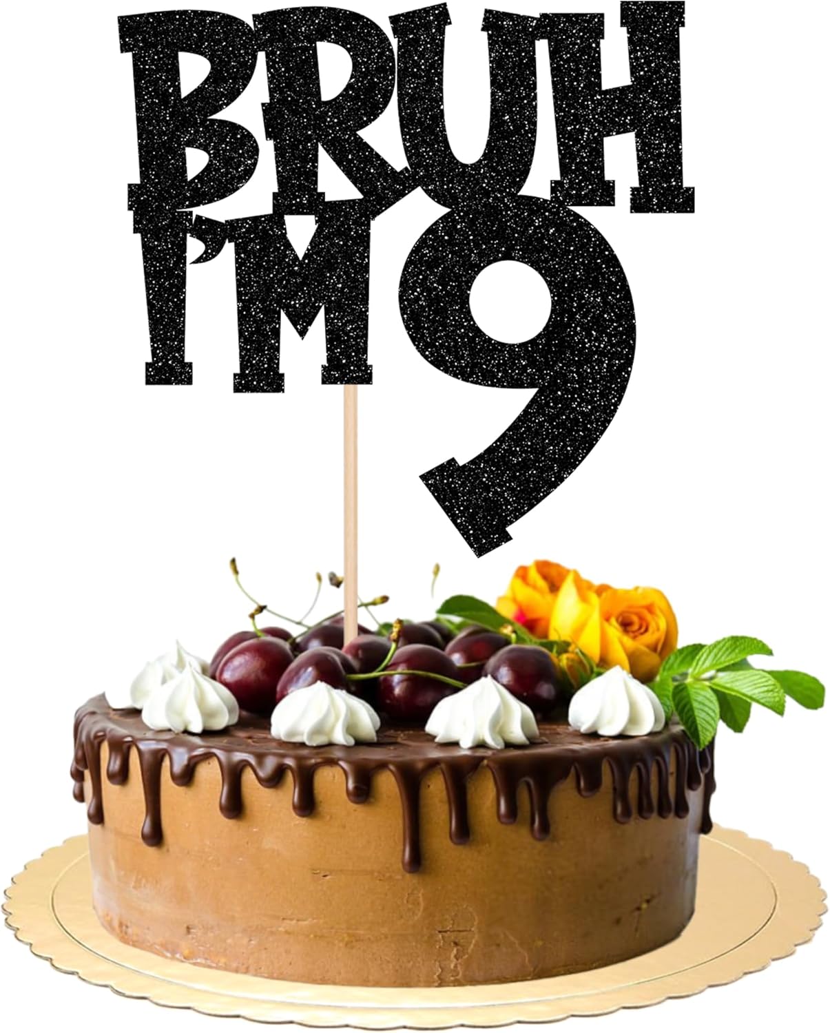 1 PCS Bruh I'm 9 Cake Topper Black Glitter Happy 9th Birthday Cake Pick Bro I'm 9 It's My 9th Birthday Cake Decoration for Cheers to 9 Years Birthday Party Decorations Supplies