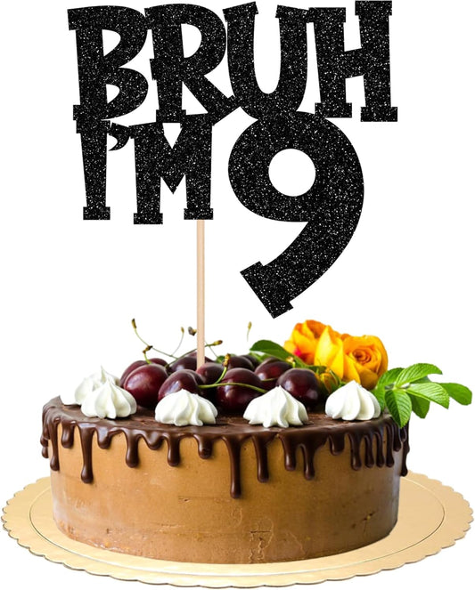 1 PCS Bruh I'm 9 Cake Topper Black Glitter Happy 9th Birthday Cake Pick Bro I'm 9 It's My 9th Birthday Cake Decoration for Cheers to 9 Years Birthday Party Decorations Supplies