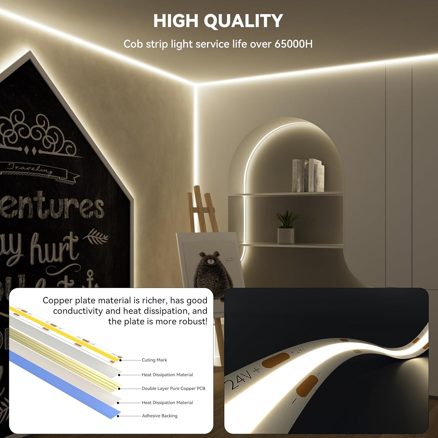 PAUTIX COB LED Strip Light 32.8ft/10m 4800LEDs Nature White 4000K,CRI93+ Super Bright High Lumen,Dimmable 24V Flexible LED Tape Light,Work with Alexa/Google Assistant,for Home&Office DIY Lighting