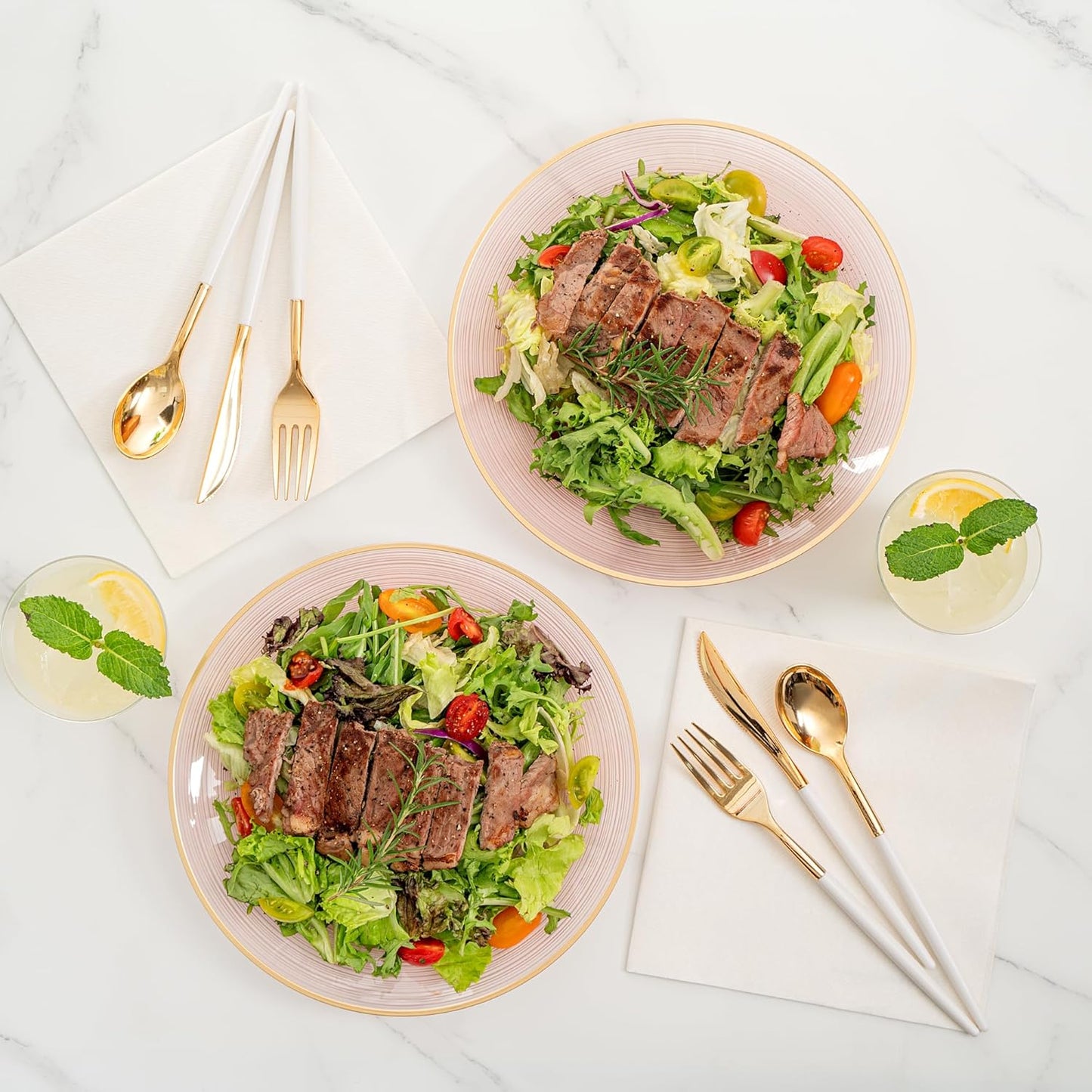 Restaurantware Plastic Plates 100 Pcs 10" Gold Rimmed Disposable Plates Heavy-Duty Pink Translucent Rippled Plastic Dinner Servers for Party, Weddings, Salads, Desserts, and Appetizers