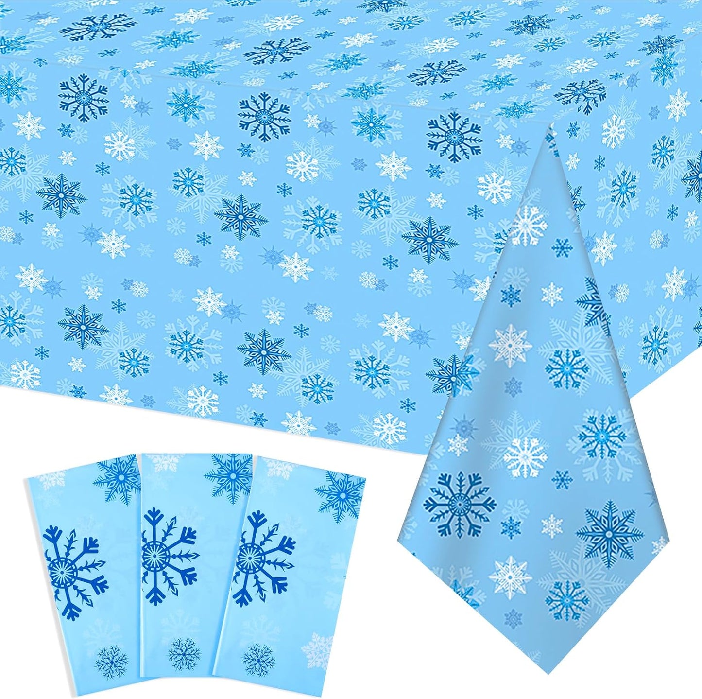 3 Pack Christmas Snowflake Plastic Tablecloth, 54 x 108Inch Blue and White Snowflake Table Cloth Disposable Waterproof Winter Snowflakes Table Cover for Winter Holiday New Year Party Supplies Decor