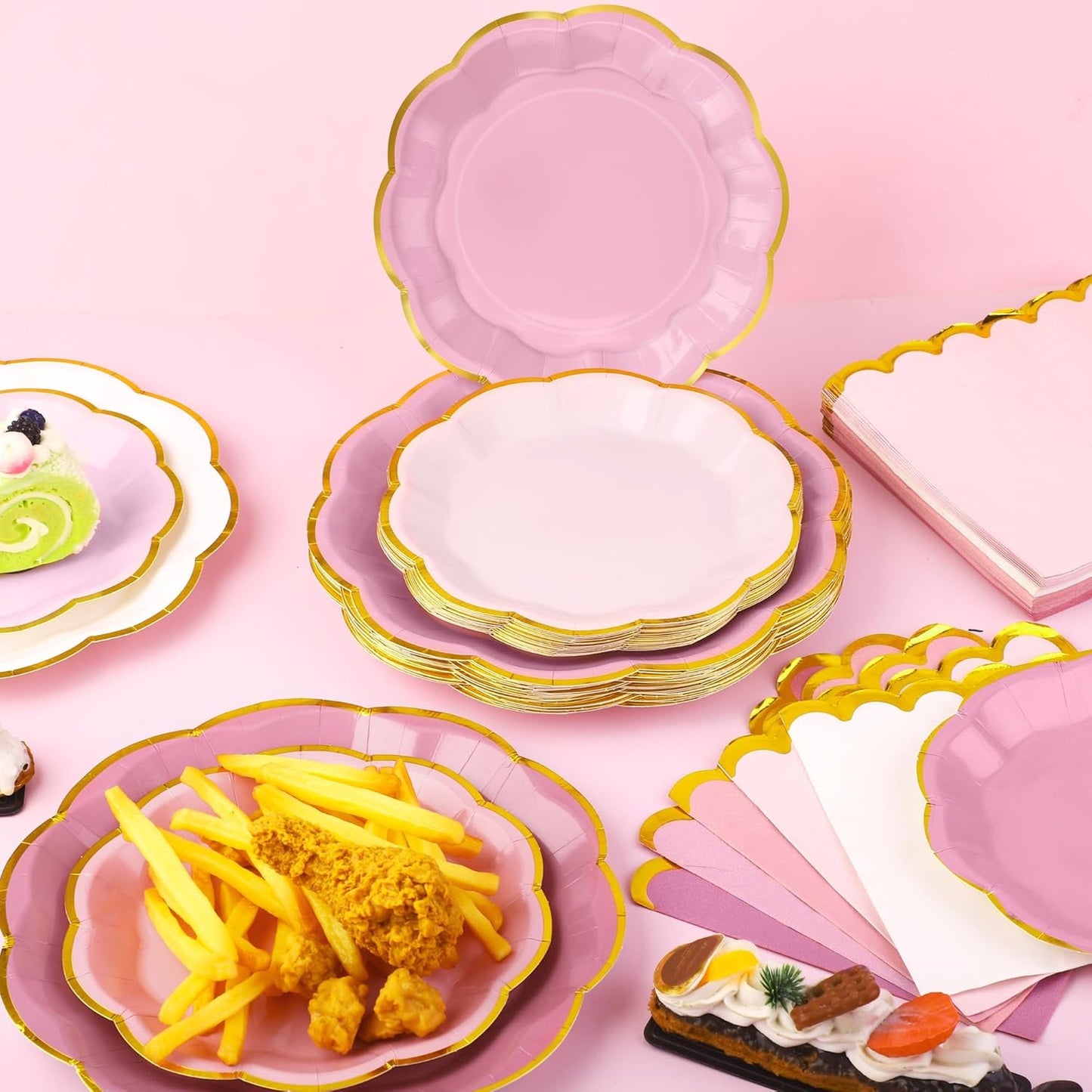 100 Pcs Dusty Pink Paper Plates and Napkins Gold Foil Scalloped Paper Plates & Napkins Disposable Tableware Set for Birthday Wedding Baby Shower Party Decorations