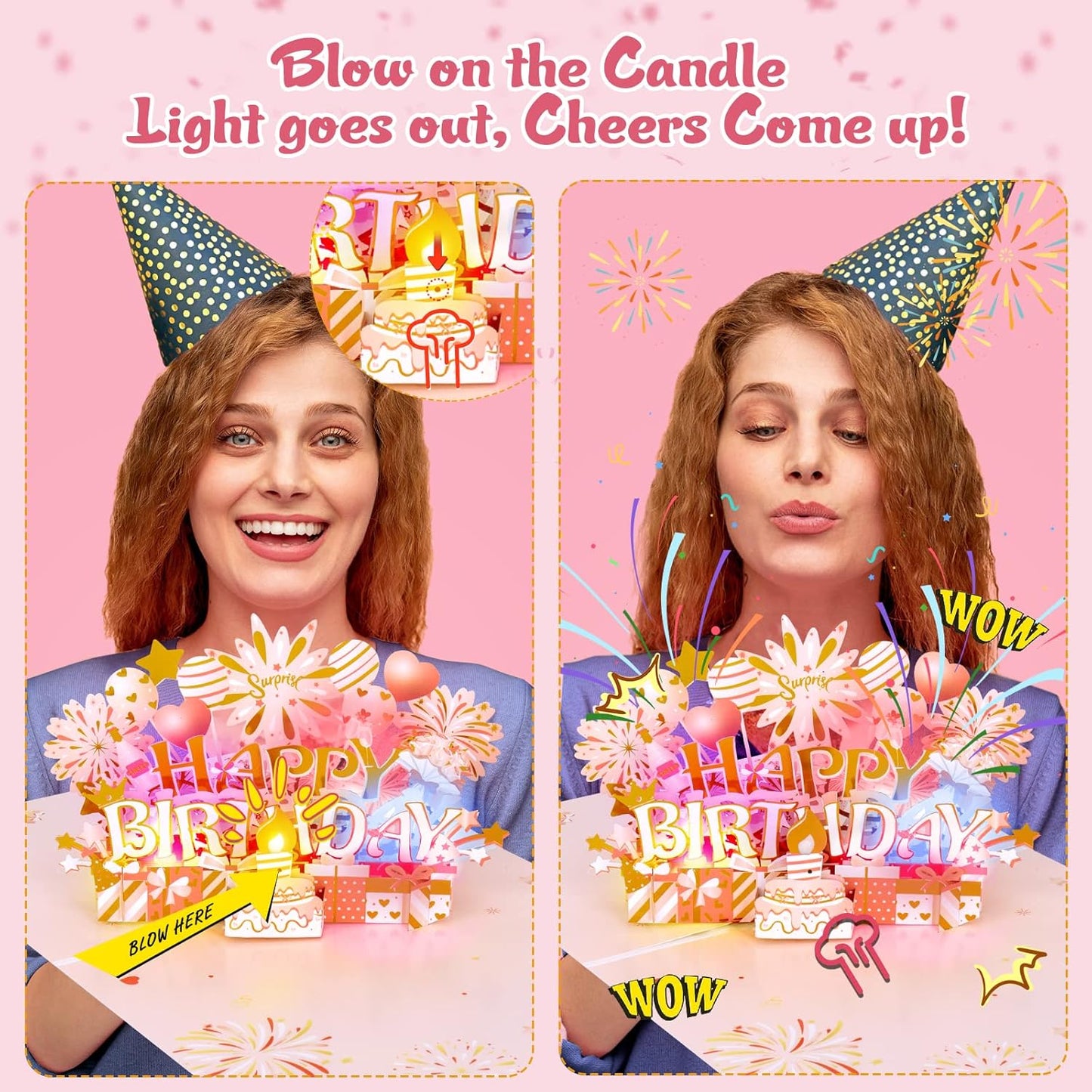 INPHER Birthday Cards for Women Pop Up Happy Birthday Card Blowable LED Candle Light and Music Birthday Gifts for Women Mom Wife Grandma Rose Gold