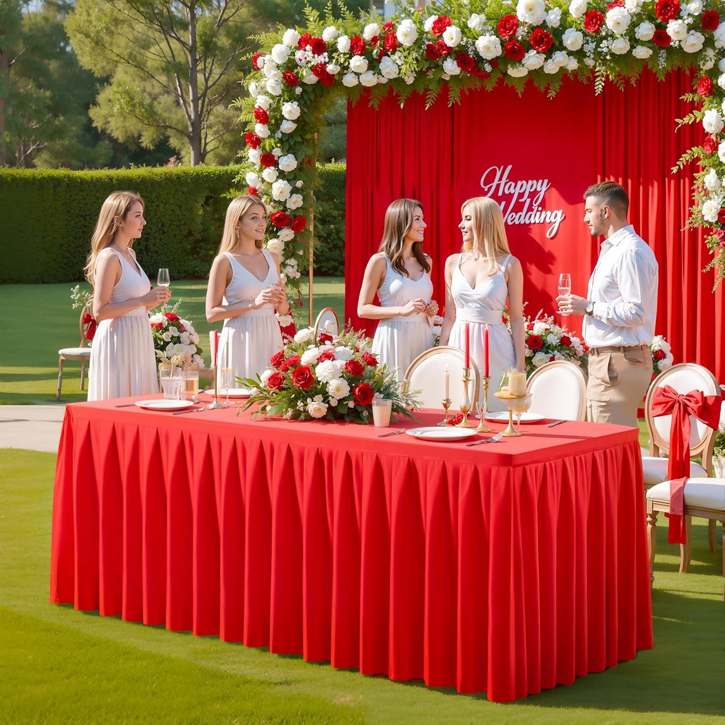 6 Pack Red Rectangle Tablecloth 6 FT Stretch Spandex Fitted Table Cloth for 6 Foot Rectangle Tables Banquet Tablecloths Wrinkle Free Table Cover Skirt Ruffle Tablecloth for Party Wedding Birthday