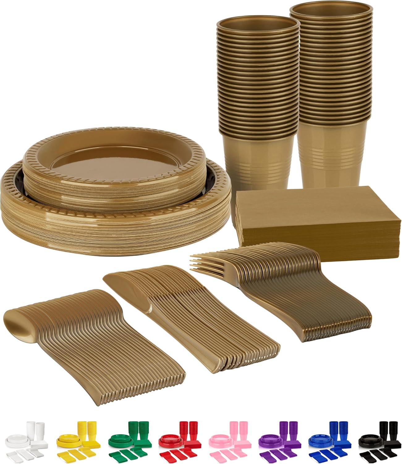 Grandipity 350 Piece Gold Disposable Dinnerware Set, Includes 50 of Each: 9" Dinner Plates, 7" Dessert Plates, 12oz Cups, Paper Napkins, Forks, Knives & Spoons