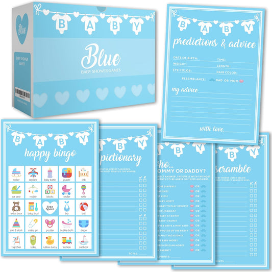 Party Hearty Baby Shower Games for Boy, 250 pcs Blue 5 Games Activities Cards, Funny Baby Shower Games, Baby Shower Ideas