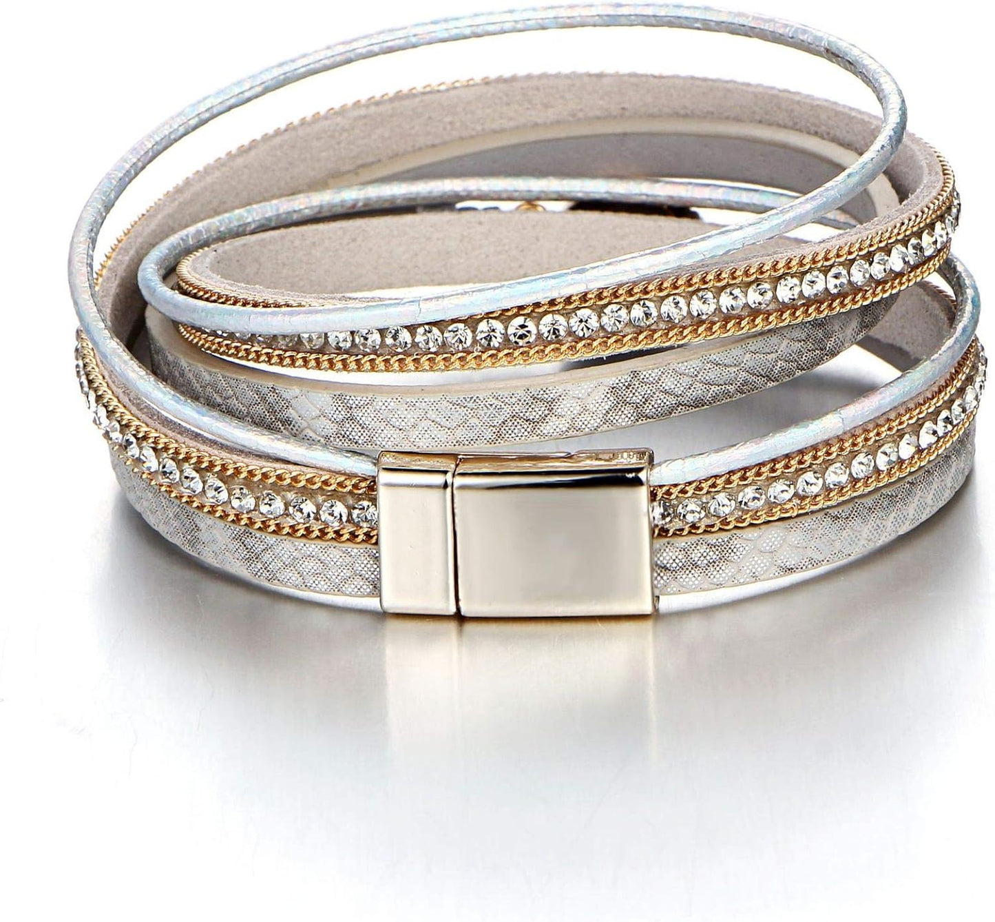 Fesciory Leather Wrap Bracelets for Women, Boho Leopard Multi-Layer Crystal Beads Cuff Bracelet Jewelry