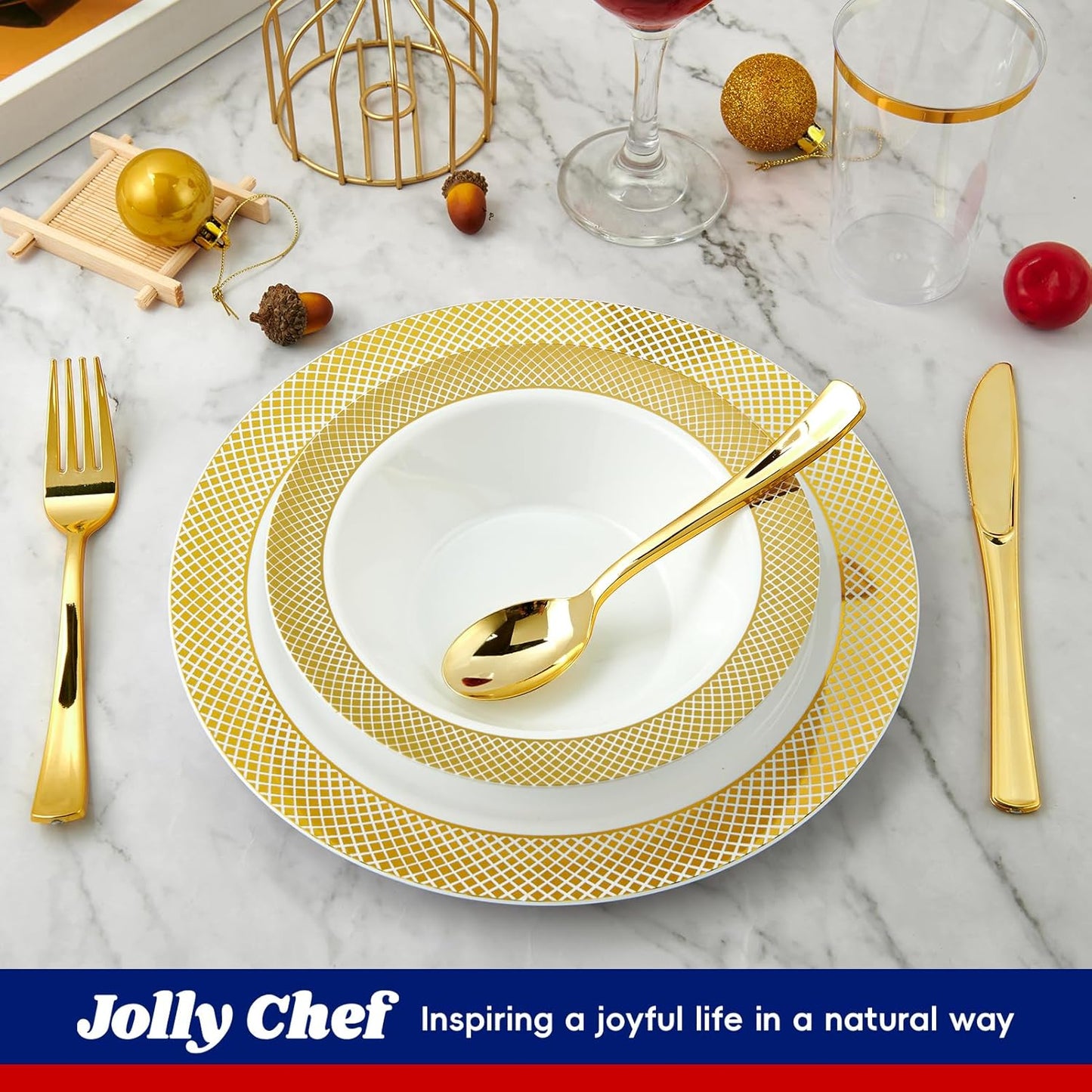 JOLLY CHEF 100 Disposable Plastic Bowls, 12oz Heavy Duty Disposable Dinner Bowls, Dessert Bowls with Gold Rim for Parties, Dinners, Catering, Thanksgiving and Everyday Use