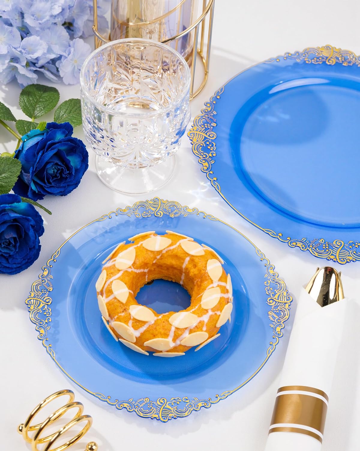 Nervure 175PCS Blue Plastic Plates - Disposable Blue Gold Party Plates & Pre Rolled Napkins with Cutlery for 25 Guests, 50Plates, 75Silverware, 25Cups, 25Napkin for Wedding & Party & Independence Day