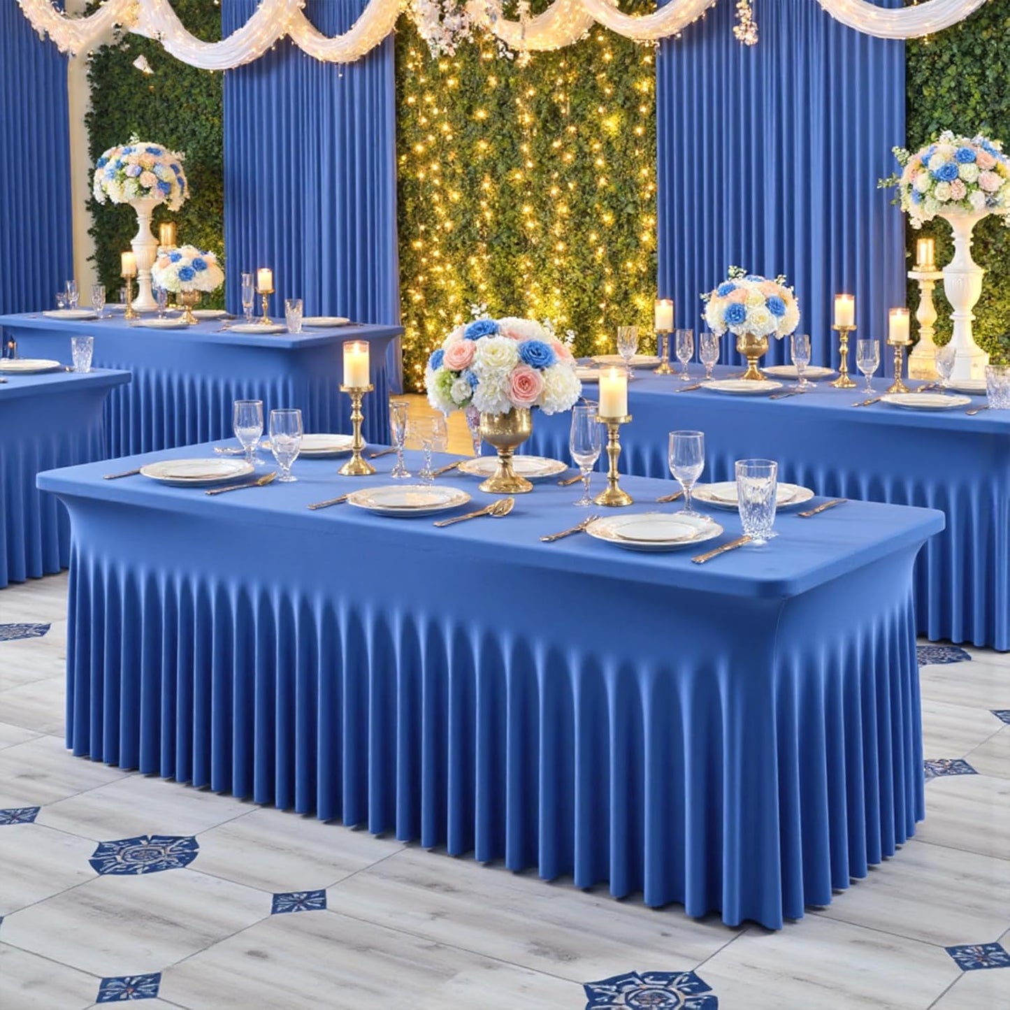 2 pk Royal Blue Spandex Tablecloths 8ft with Ruffle Table Skirt, Wrinkle Free Stretchy Fitted Tablecloth for 8 Foot Rectangle Tables, Elastic Spandex Table Covers 8ft for Party Wedding Banquet