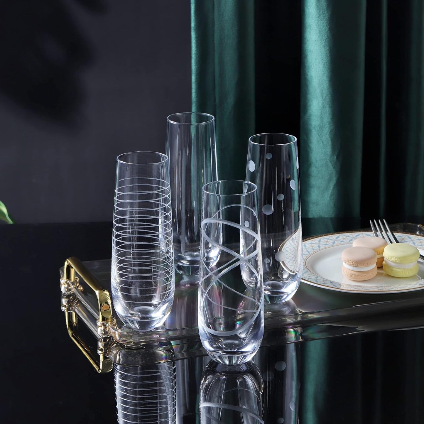 Joeyan Etched Champagne Flutes Glasses Cups,Handmade Mouth Blown Aesthetics Glassware Art Decoration,Home Bar Essentials,Gifts for Wedding Anniversary Daily Use,Set of 4,9.8 oz,Dishwasher Safe