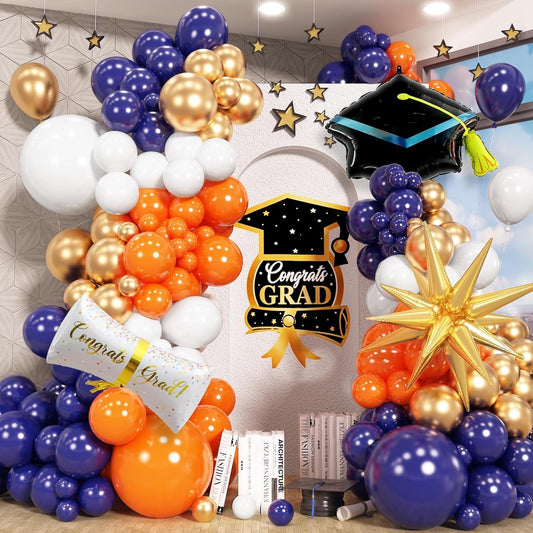 Blue and Orange Graduation Balloons Arch Garland Kit, 115 Pcs Navy Dark Blue Gold Orange Congrats Grad Balloons Class of 2025, Prom Graduation Party Decoration with Star Certificate Cap Foil Balloon