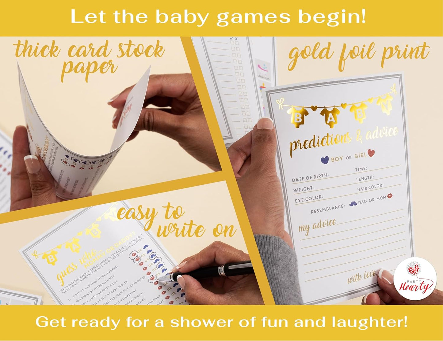 Party Hearty Baby Shower Games for Girl or Boy, 250 pcs 5 Games Activities Cards, Funny Baby Shower Games, Gender Neutral, Baby Shower Ideas
