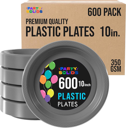 Exquisite Party Solids Silver Plastic Plates Bulk 10" Silver Disposable Plates For Party Supplies 600 Pcs Disposable Dinner Plate Heavy Duty 350 GSM Plate Sets, Plastic Dinnerware Sets