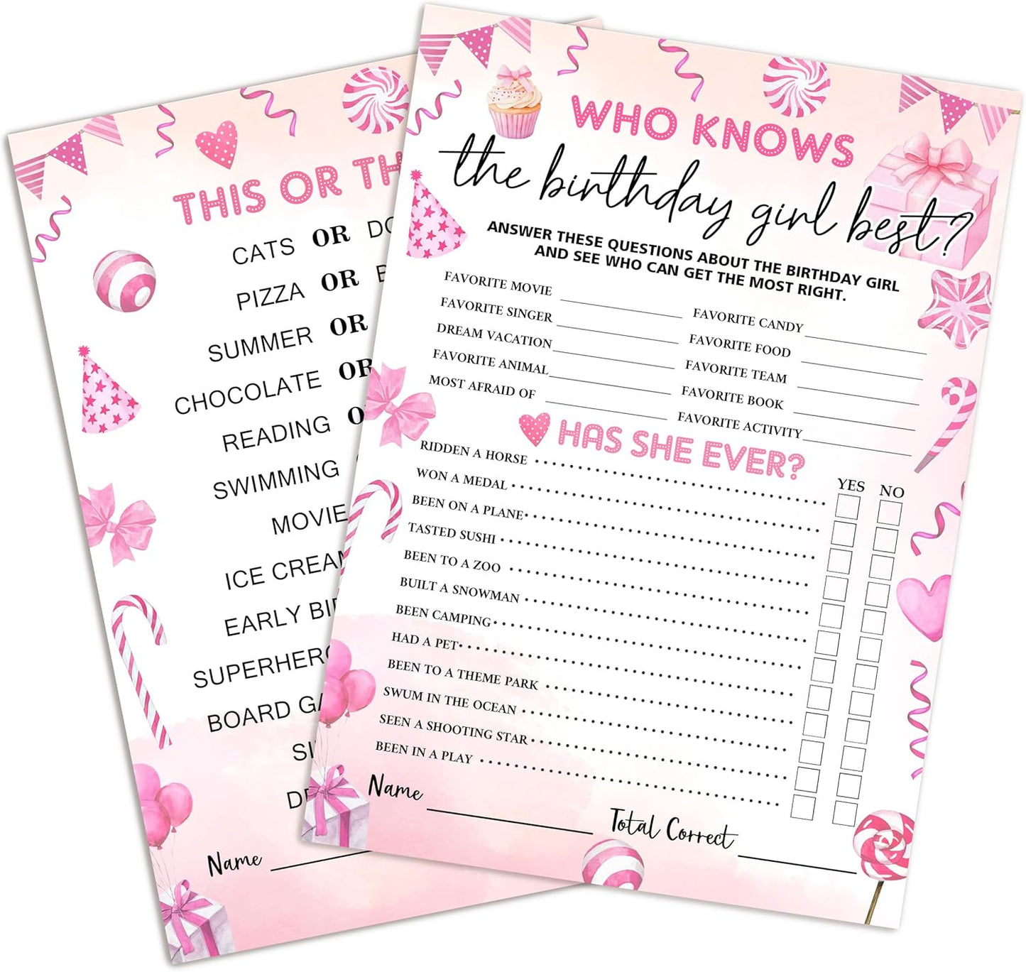 Birthday Party Games Card, Who Knows The Birthday Girl Best, Girls Sleepover Party Supplies for The Girls Card Game, 5x7 Inch Set of 25 Game Cards (Pink, Double-Sided) - A04