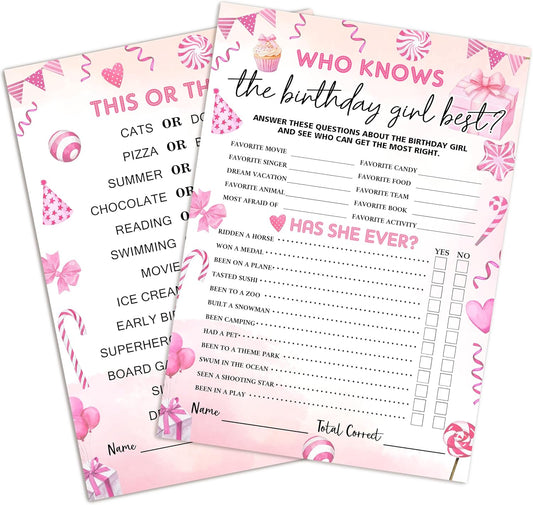 Birthday Party Games Card, Who Knows The Birthday Girl Best, Girls Sleepover Party Supplies for The Girls Card Game, 5x7 Inch Set of 25 Game Cards (Pink, Double-Sided) - A04