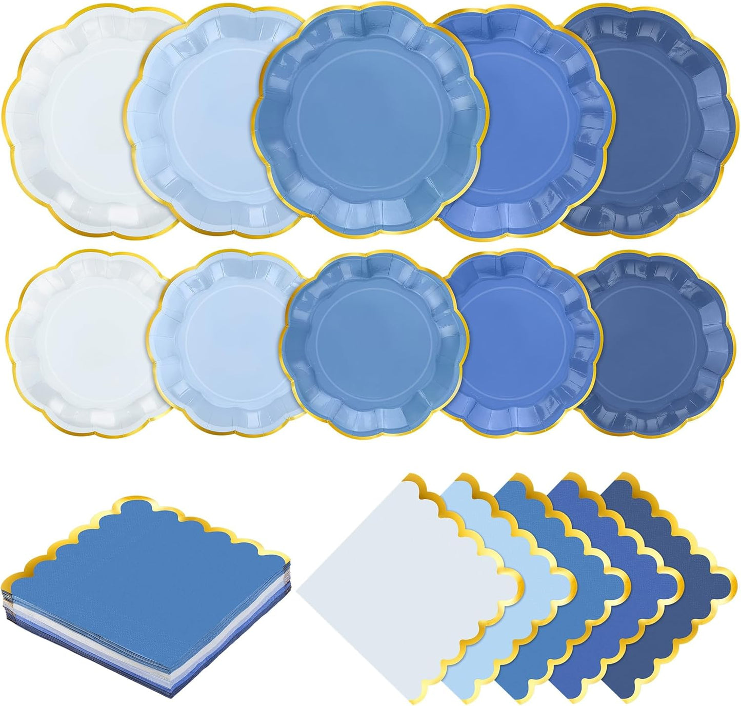 100 Pcs Dusty Blue Paper Plates and Napkins Gold Foil Scalloped Paper Plates & Napkins Disposable Tableware Set for Birthday Wedding Baby Shower Party Decorations