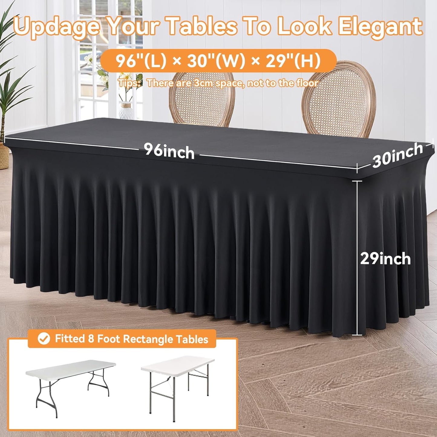 1 Pack Black Spandex Tablecloth 8ft with Pleats Skirt, Wrinkle Free High Stretch Fitted Tablecloths for 8 Foot Rectangle Tables, Ruffle Elastic Spandex Table Covers 8ft for Parties Weddings Banquet