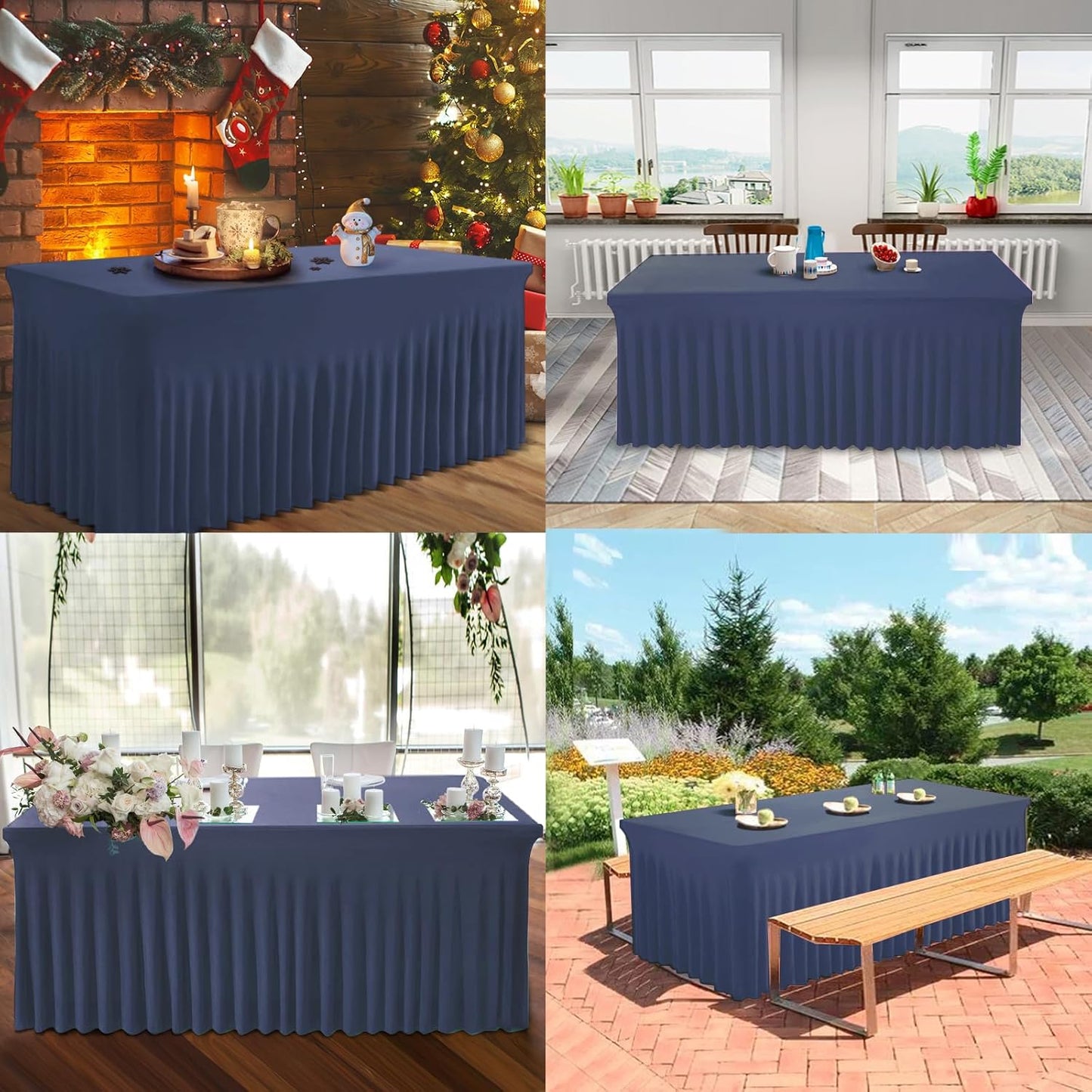 Table Skirts for Rectangle Tables 8ft - One-Piece Navy Blue Tablecloths and Skirt, Wrinkle Resistant Ruffles Elastic Cover for Banquets, Weddings, Events, Parties