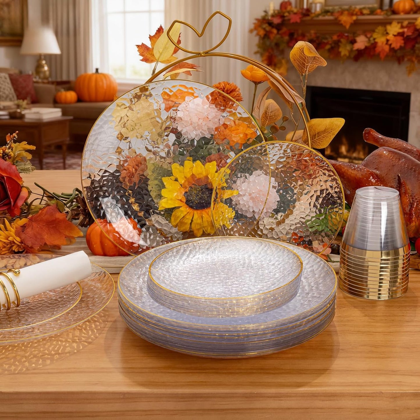 Rubtlamp 100Pcs Clear Gold Plastic Plates, Disposable Plates With Gold Rim, Heavy-duty Party Platos, Hammered Plastic Plates Include 50 Clear Dessert Platos, 50 Dinner Platos for Thanksgiving