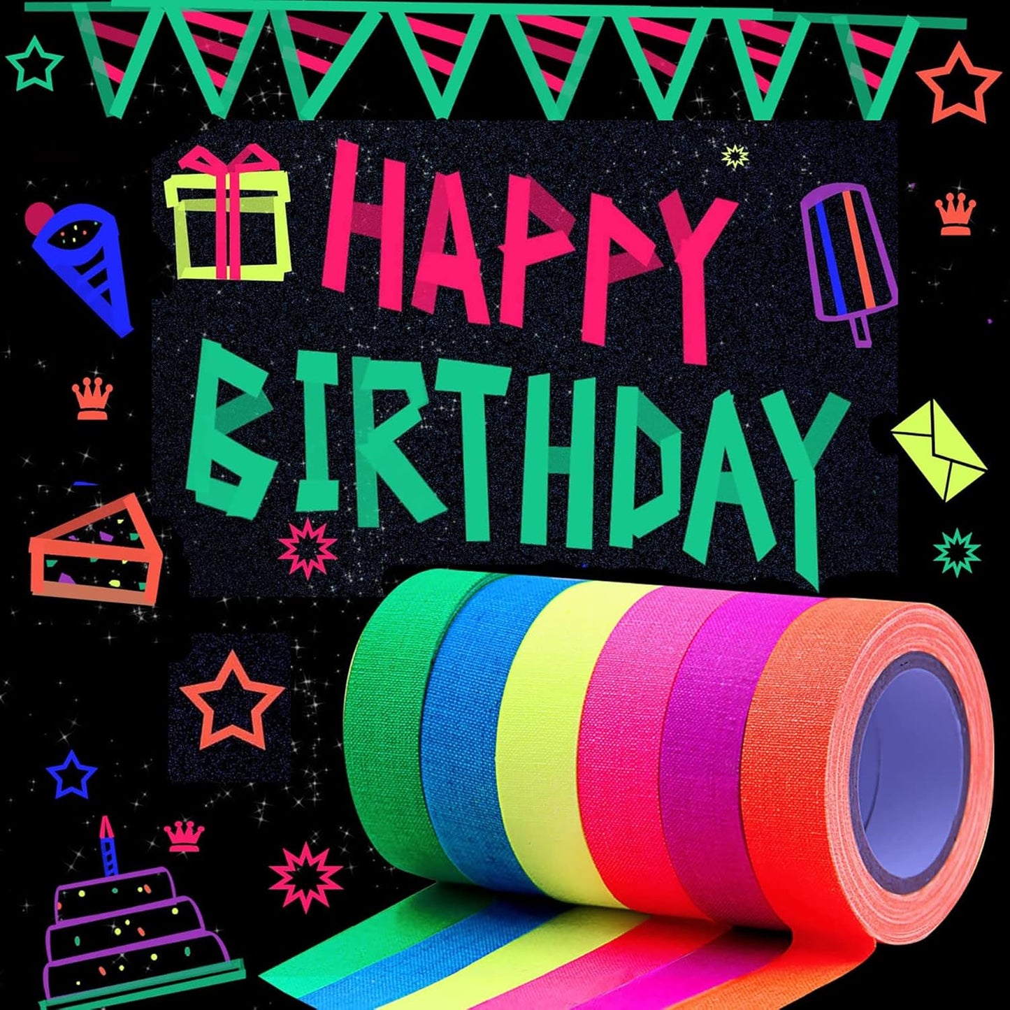 6 Colors Neon Gaffer Cloth Tape,Adhesive Black Light Tape Sets,Fluorescent UV Blacklight Glow in The Dark Tape for UV Party (0.6 inch x 16.5 feet x 6 Rolls)