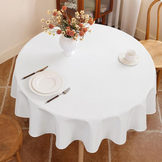 Fabric 60 Inch White Round Table Cloth, Faux Linen Textured Water Resistant & Wipeable Circle Tablecloth, Reusable for Dinning Kitchen Wedding
