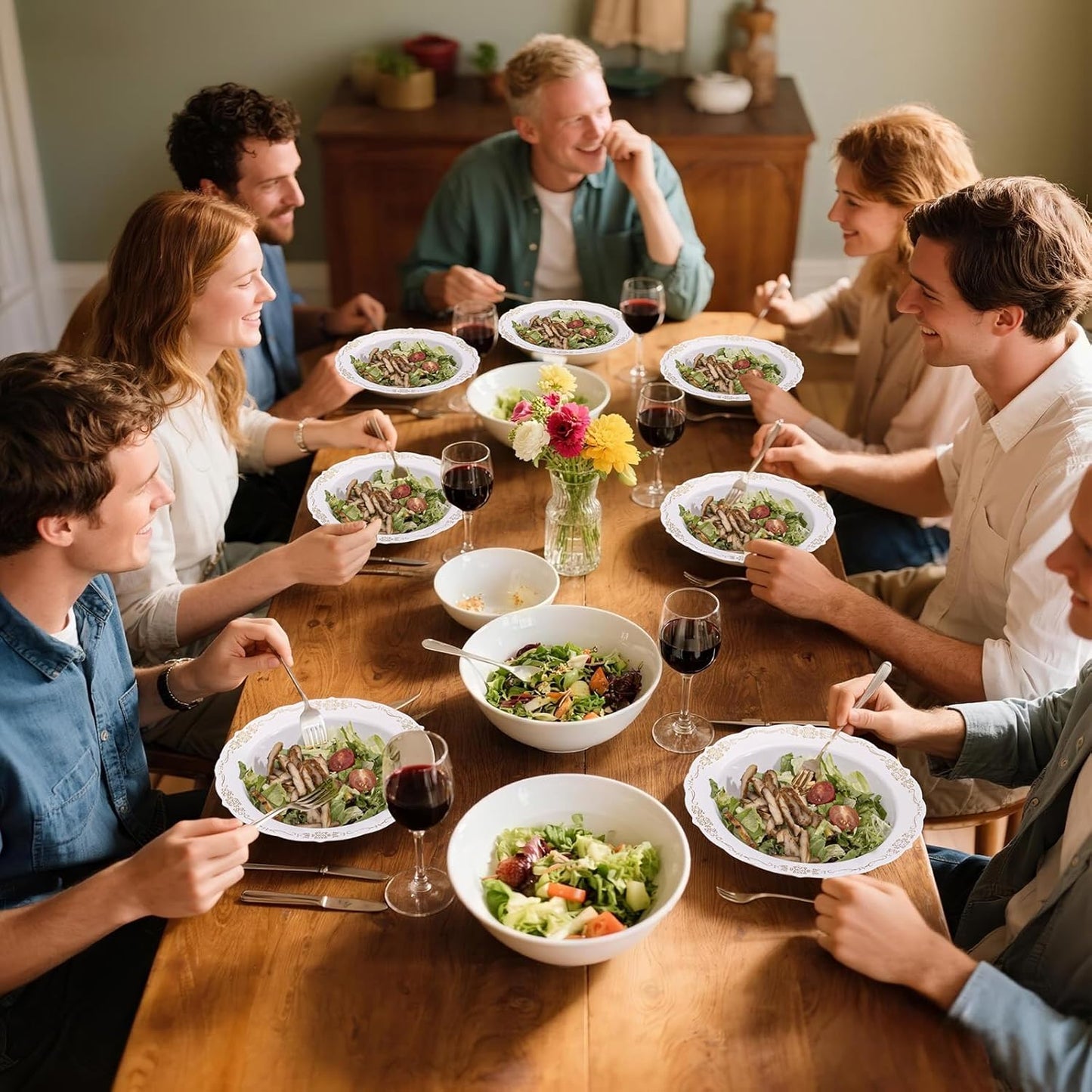 DaYammi 100 Pack Plastic Bowls with Gold Rim, 12oz Disposable Soup Bowls, Plastic bowls Disposable Heavy Duty Dinner bowls for Weddings, Parties, Catering and Everyday Use