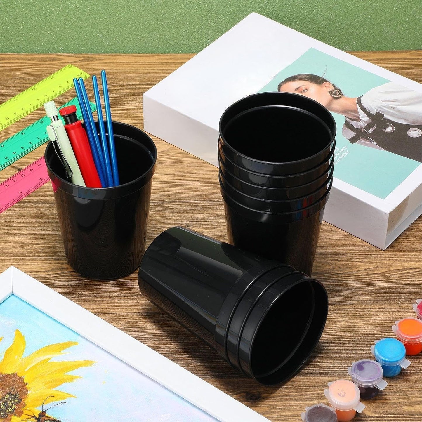 Yungyan 12 Pack 16oz Stadium Cups Reusable Plastic Cups Blank Drink Tumblers for Parties, Events, DIY Projects, 4.5 x 3.54 x 2.72 Inch (Black)