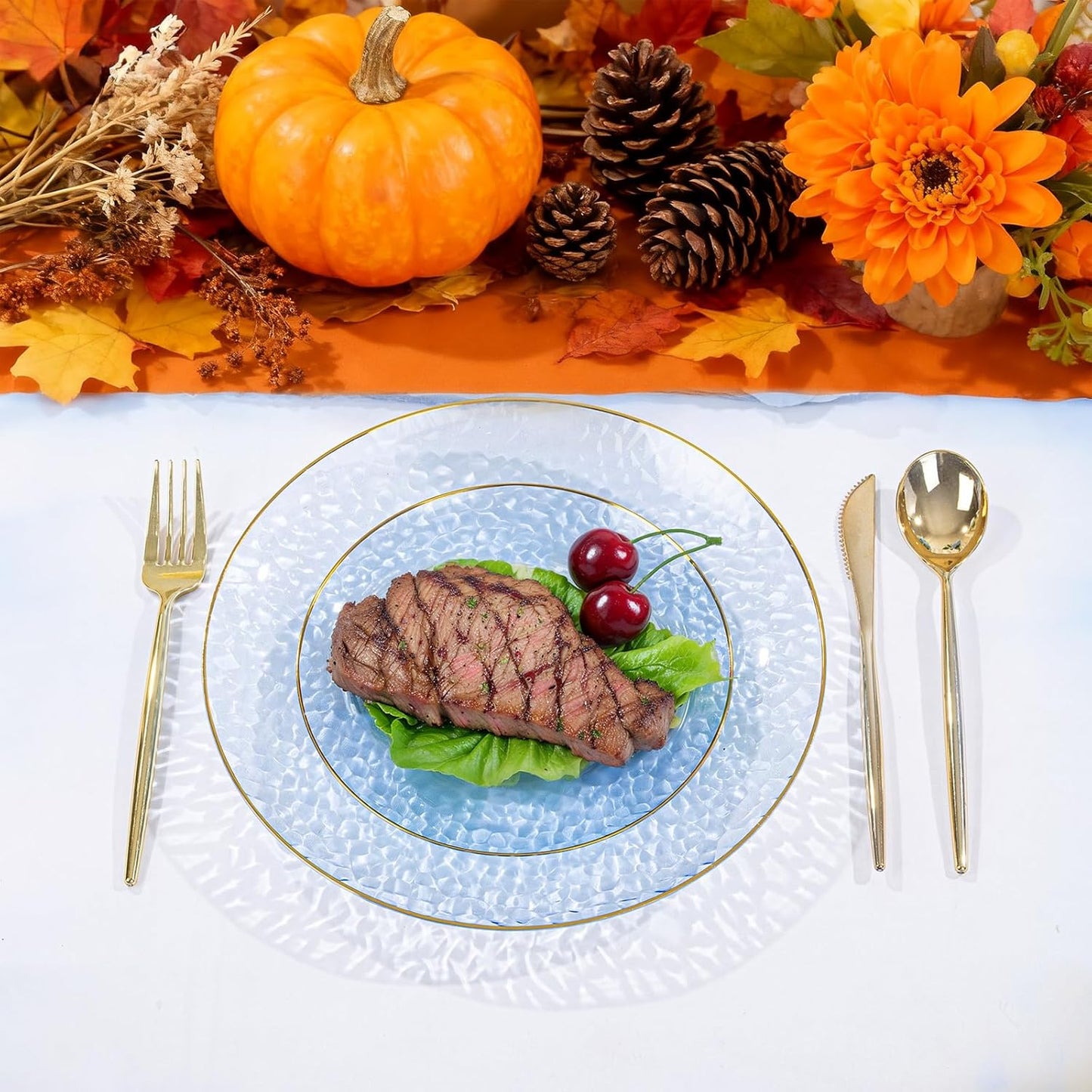 SUT 100Pcs Blue Plastic Plates, Hammered Plates Disposable Heavy Duty, Blue Disposable Plates With Gold Rim, Fancy Plastic plates Include 50 Dinner and 50 Dessert plates for Wedding