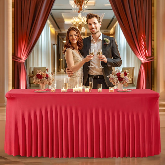 PARTISKY Red Spandex Tablecloth for 8ft Rectangle Tables, Stretchable Table Cover Skirt for Folding Tables Weddings Parties Banquets Events Trade Shows and Dessert Table