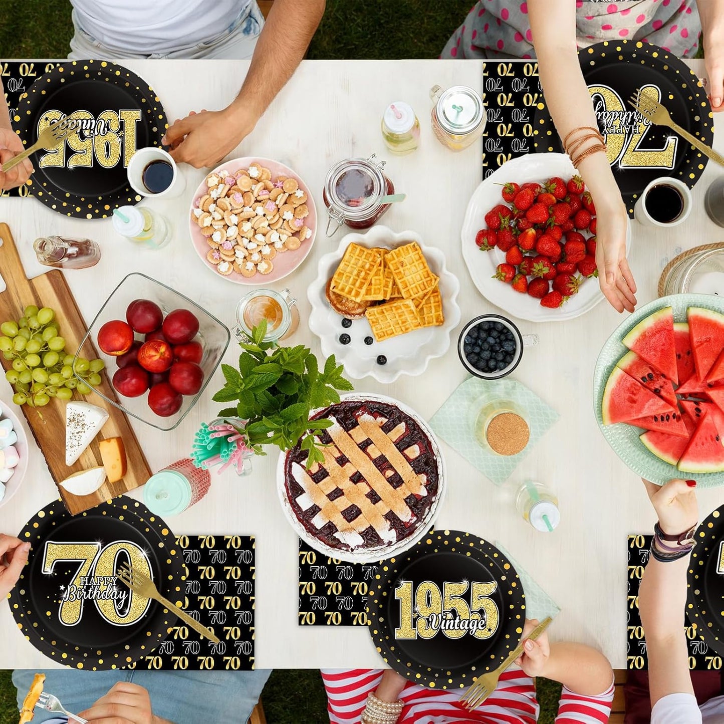 200PCS 70th Theme Birthday Party Tableware Vintage 1955 Party Supplies 70 year old Birthday Party Decorations Plates Napkins Forks Black and Gold Dinnerware Favors for Men or Women