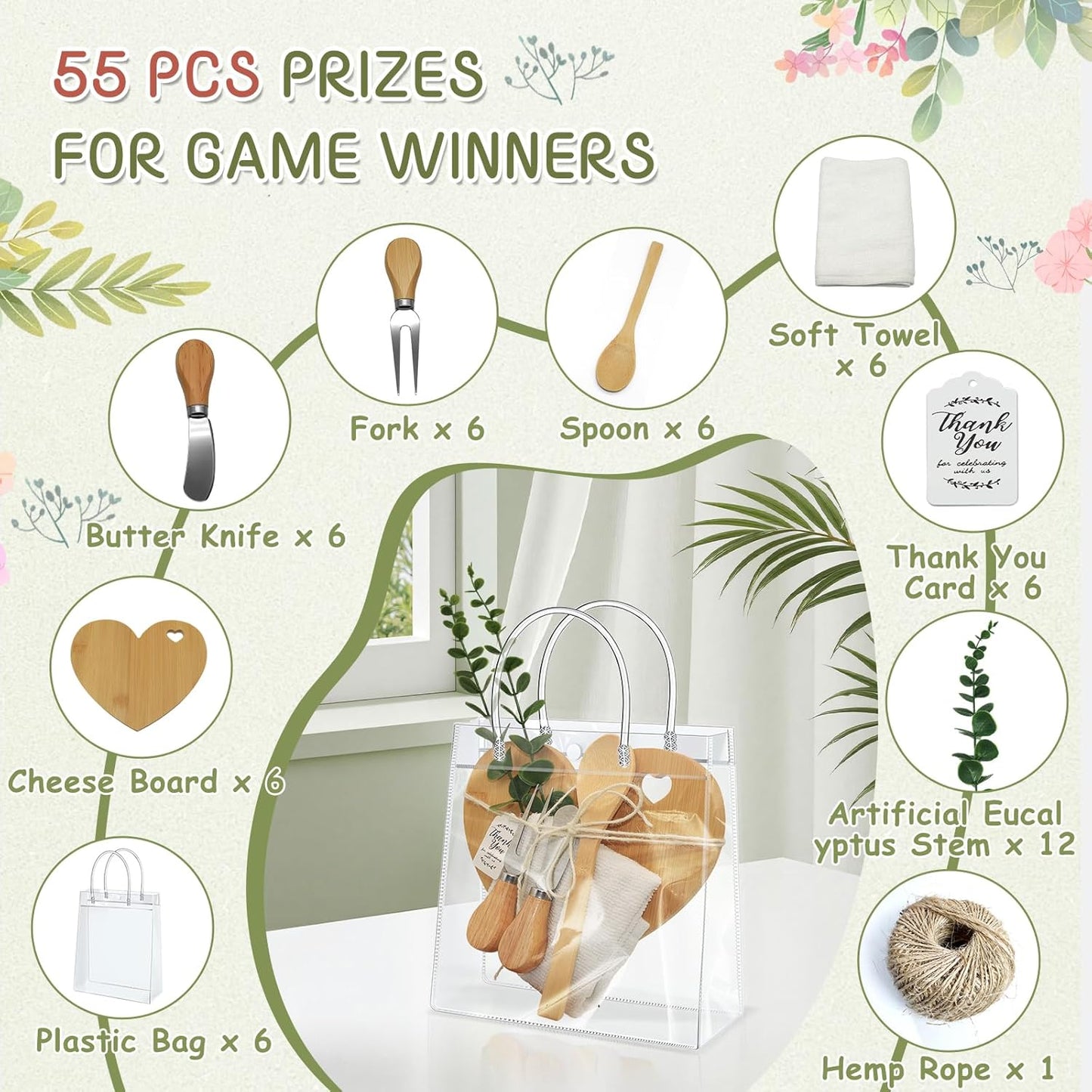 AZEAM 55Pcs Baby Shower Prizes for Game Winners, Bridal Shower Prizes with 6 Sets Heart Cheese Board Spoon Fork Butter Knife Towel Card Plastic Bag Branch, Wedding Shower Favors for Guests