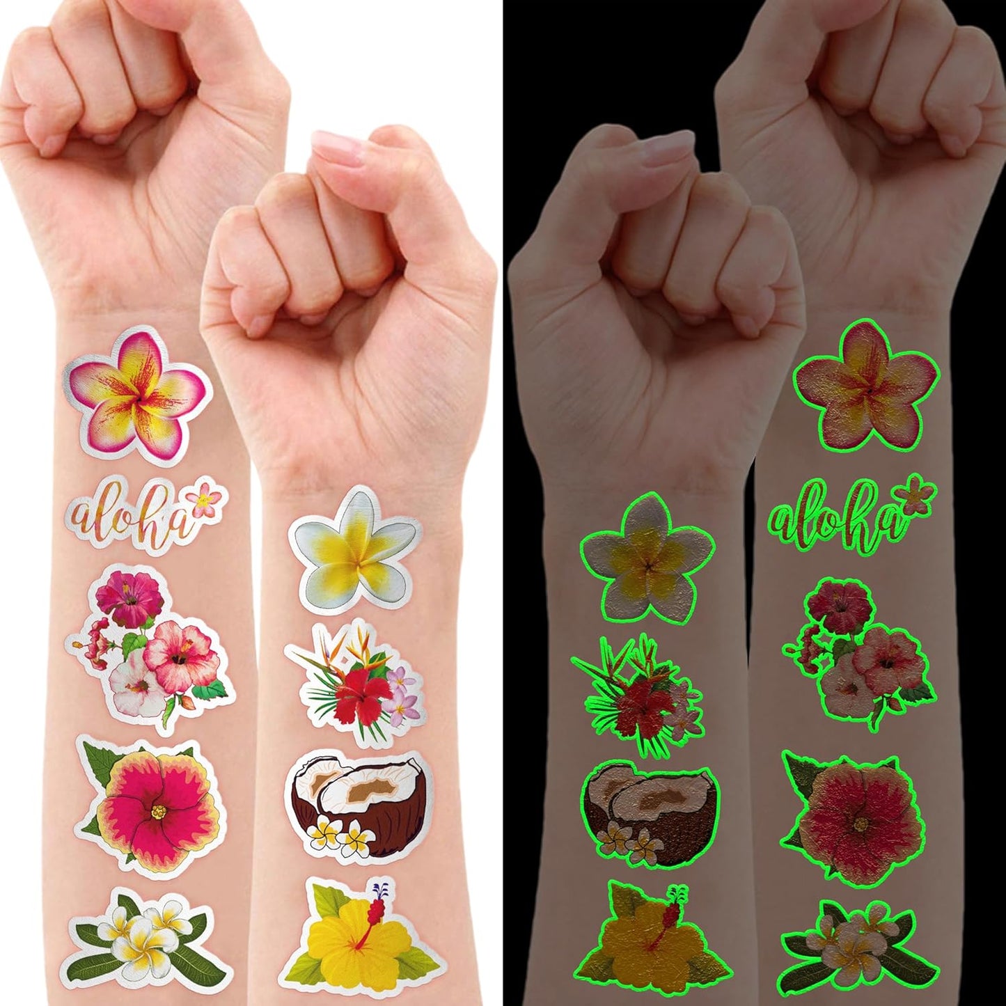 96 PCS Tropical Flower Hawaiian Pre-Cut Temporary Themed Birthday Favors Supplies Décor Cute Luau Gifts For Game Boys Girls Classroom School (Glow In The Dark)