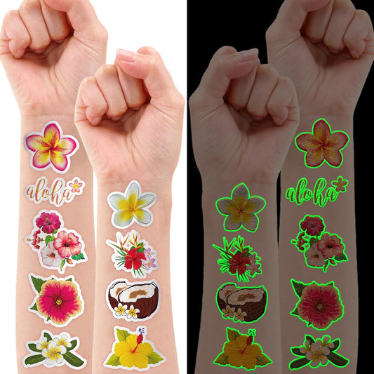 96 PCS Tropical Flower Hawaiian Pre-Cut Temporary Themed Birthday Favors Supplies Décor Cute Luau Gifts For Game Boys Girls Classroom School (Glow In The Dark)