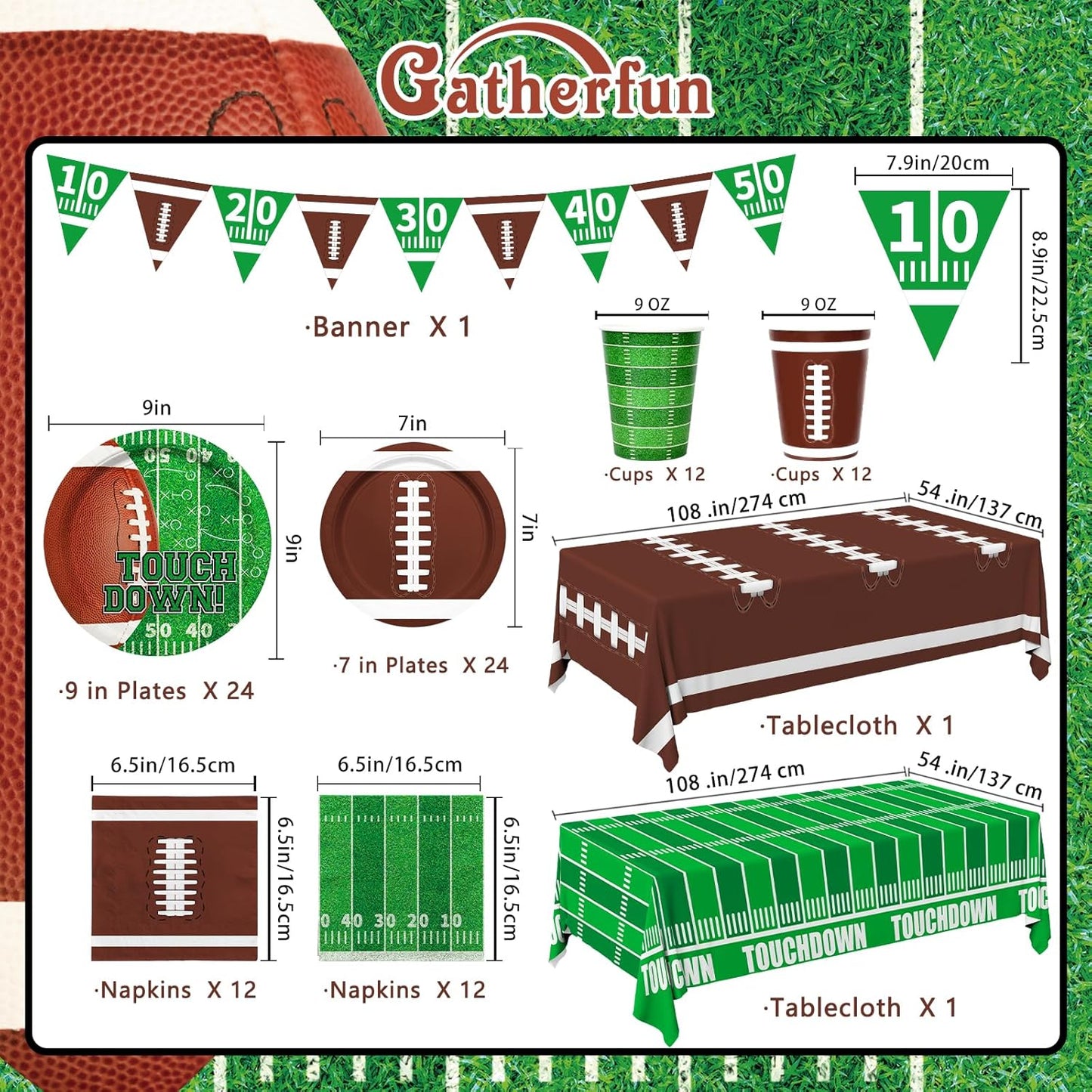 Gatherfun Football Party Supplies Kit Serve 24,Includes Dinner Plates, Dessert Napkins, Cups,Banner and Touchdown Tablecloth for Birthday Gameday Tailgate Decorations, Green (2023053002)