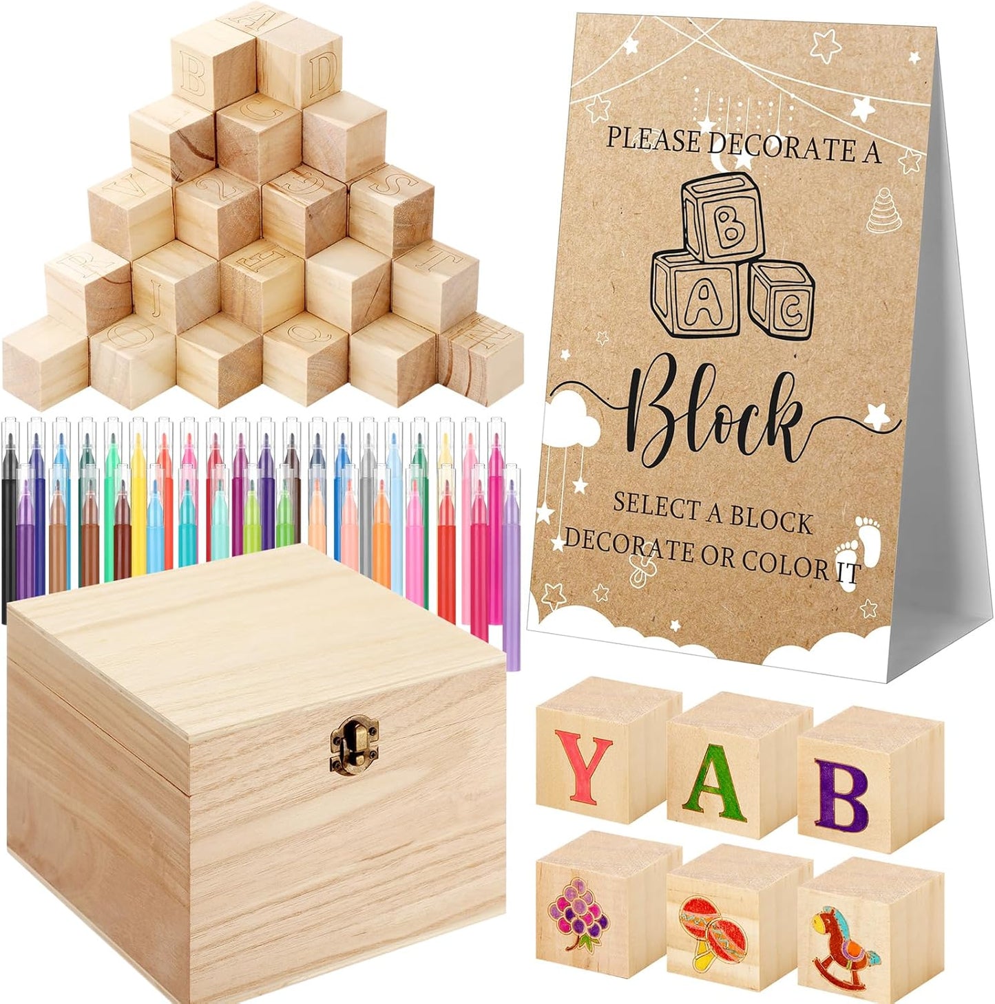 Marsui 136 Pcs Baby Shower Blocks to Decorate Game Kit Includes 98 Wooden Blocks, 36 Markers, 1 Game Sign, 1 Storage Box for Baby Shower Gender Reveal Activity Party Decorations(Cloud)