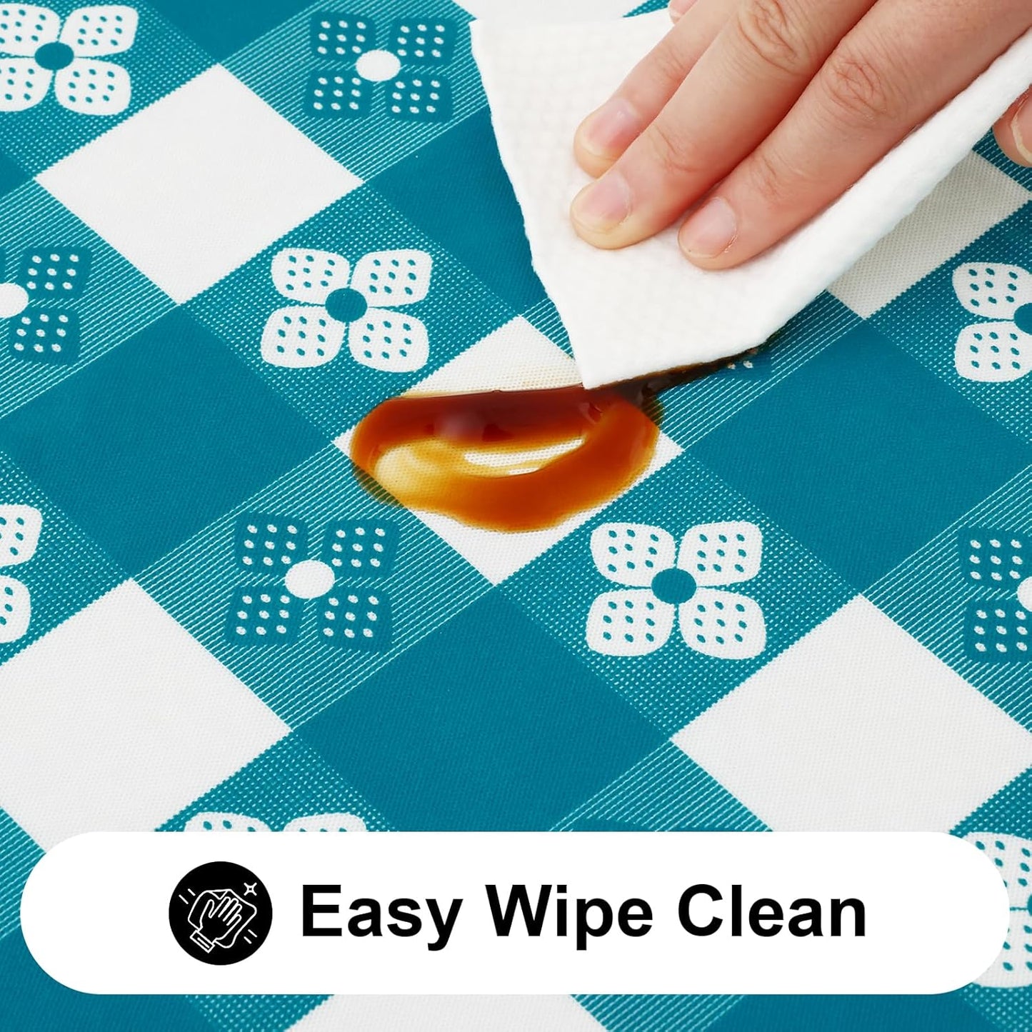 Rectangle Vinyl Table Cloth, Waterproof Elastic Fitted Tablecloth with Flannel Backing, Plastic Table Cover for Picnic, Camping, Outdoor (White & Turquoise, 30"x48")