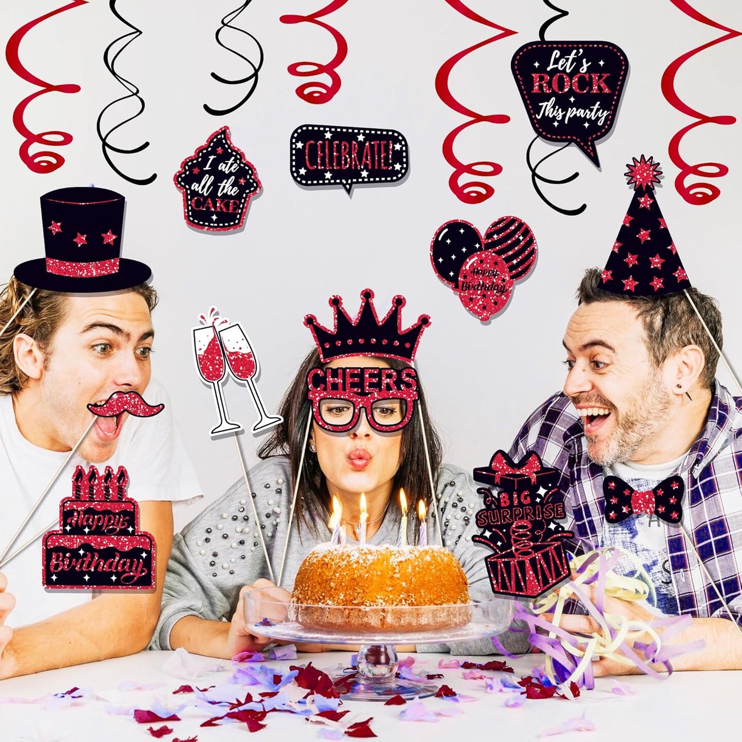 36 PCS Birthday Photo Booth Props Party Supplies Holiday Picture Decorations Photo Booth Props for Birthday Party Favors Pose Sign Kit Fun for Party (Red)