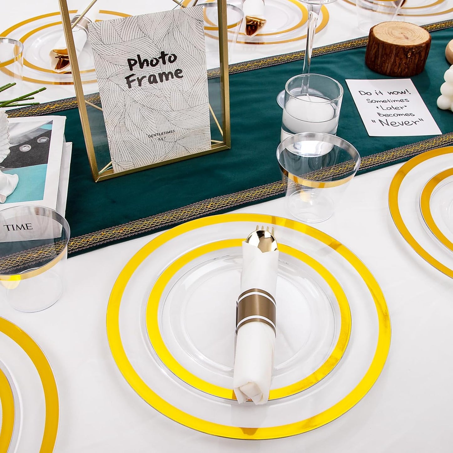 I00000 350 Pcs Clear and Gold Plastic Plates, Gold Disposable Plates, Include 50 Dinner Plates 10.25'', 50 Dessert Plates 7.5'', 50 Cups 9 OZ, 50 Pre Rolled Napkins with Cutlery