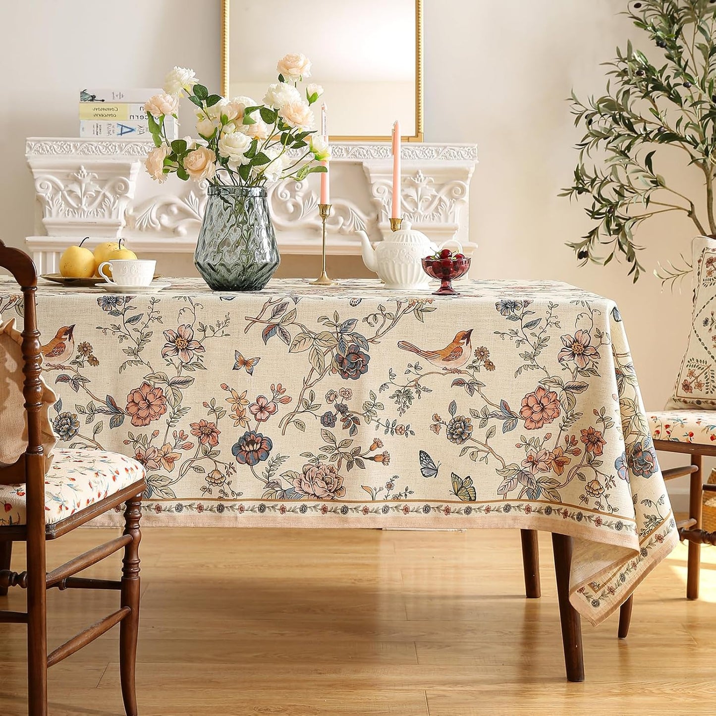 ISAENNE Designer French Light Beige Table Cloth for Rectangle Table,Linen Florals and Birds Pattern Tablecloth,Durable Decorative Tablecloths for Dining Thanksgiving Kitchen,55"*79"-Cornucopia