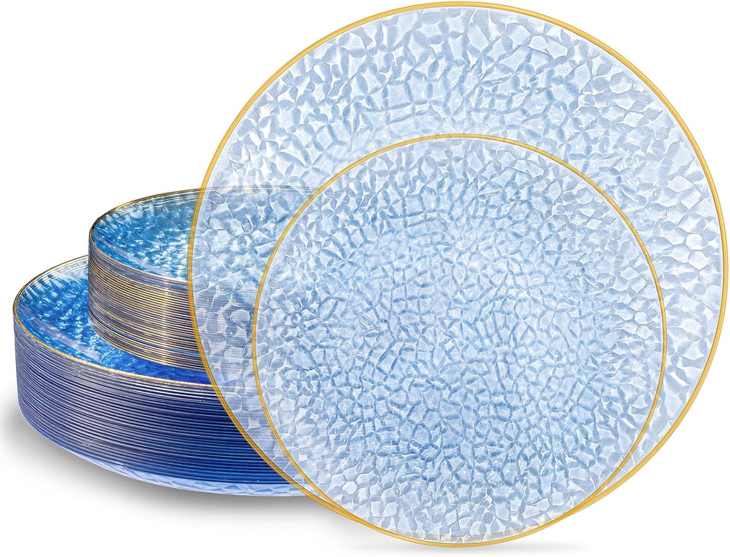 SUT 36Pcs Blue Plastic Plates, Hammered Plates Disposable Heavy Duty, Blue Disposable Plates With Gold Rim, Fancy Plastic plates Include 18 Dinner and 18 Dessert plates for Wedding