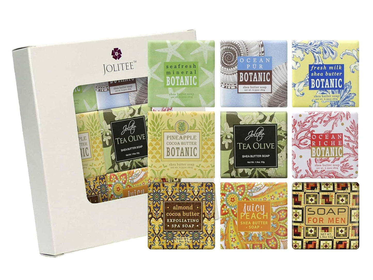 Jolitee French Milled Botanical Soap Sampler Set of 9 - Individually Wrapped Vegetable-Based Mini Soaps with Essential Oils, Shea Butter, and Natural Extracts (Beach Scents)