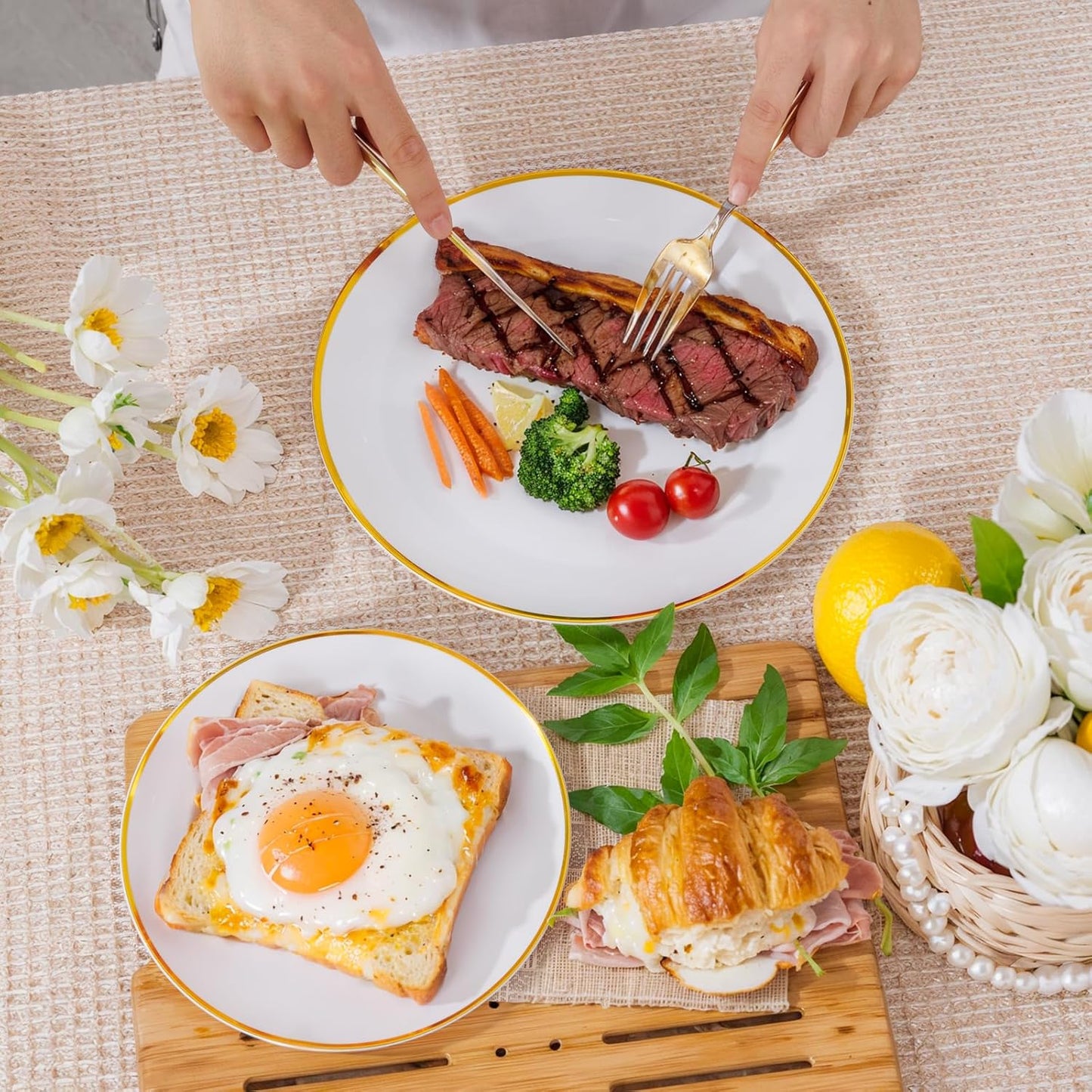 LIYH 120 Pcs White and Gold Plastic Plates for Party Disposable Plates - White with Gold Rim for Wedding/Tea Party- Includes 10.25 Inch Dinner and 7.5 Inch Dessert/Salad Plate 60 Guests