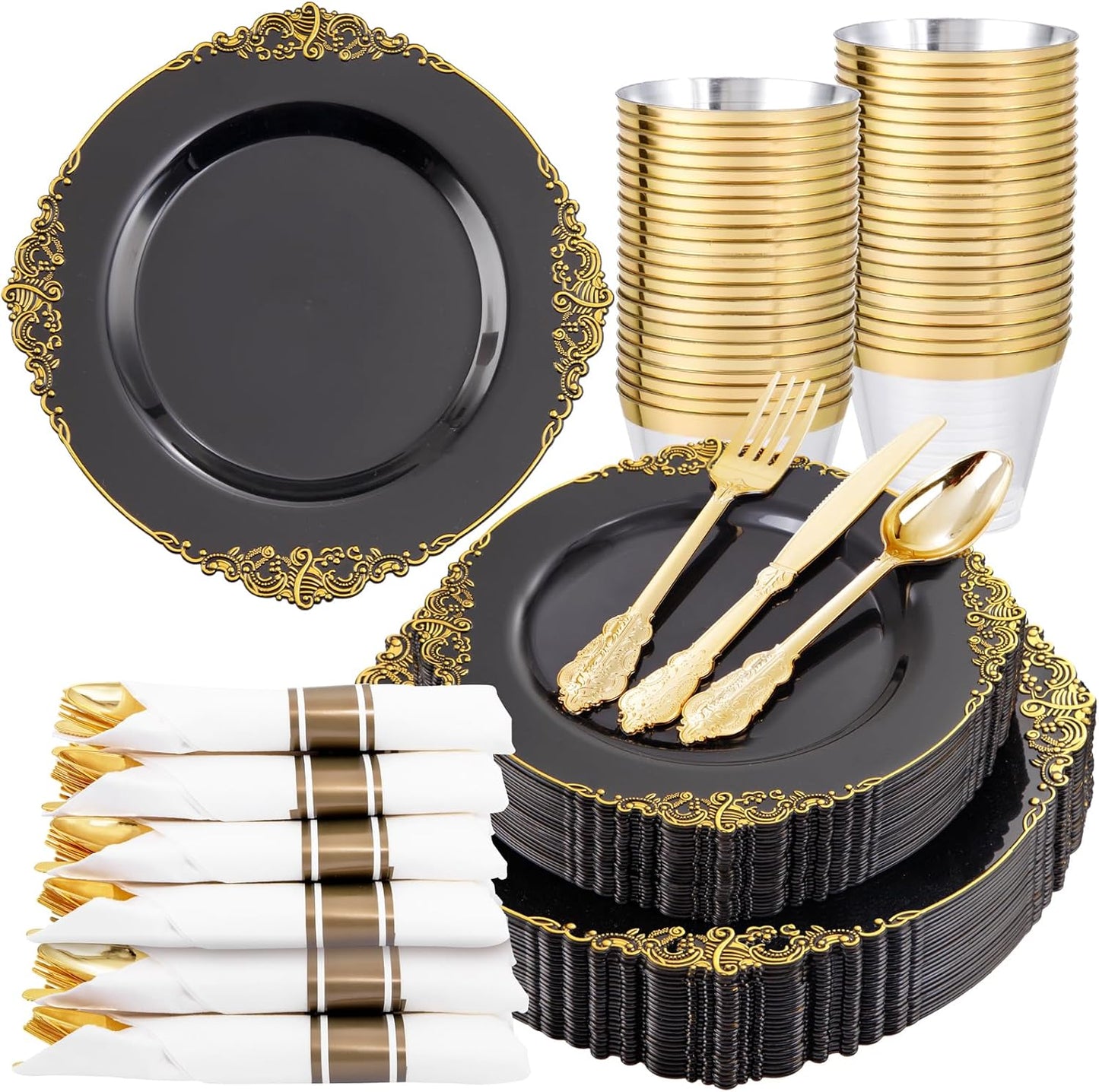Nervure 175PCS Black Plastic Plates - Disposable Black Gold Party Plates & Pre Rolled Napkins with Cutlery for 25 Guests, 50Plates, 75Silverware, 25Cups, 25Napkin for Wedding & Party & New Year