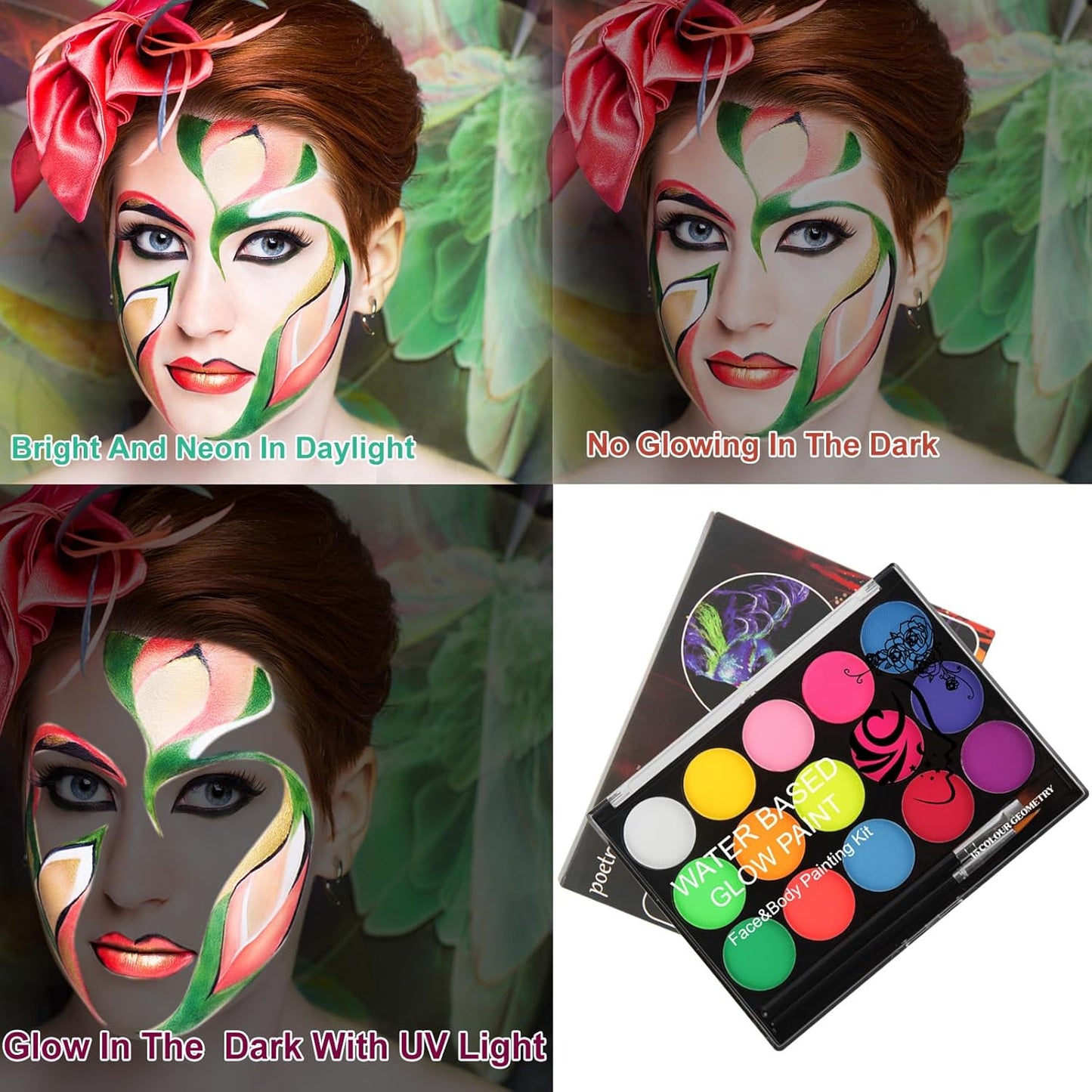 MEICOLY UV Blacklight Face Paint,15 Bright Colors Neon Fluorescent Body Painting Palette,Water Activated Eyeliner,Water Based Makeup Glow In The Dark Halloween Washable for Kids Adult Body Paint